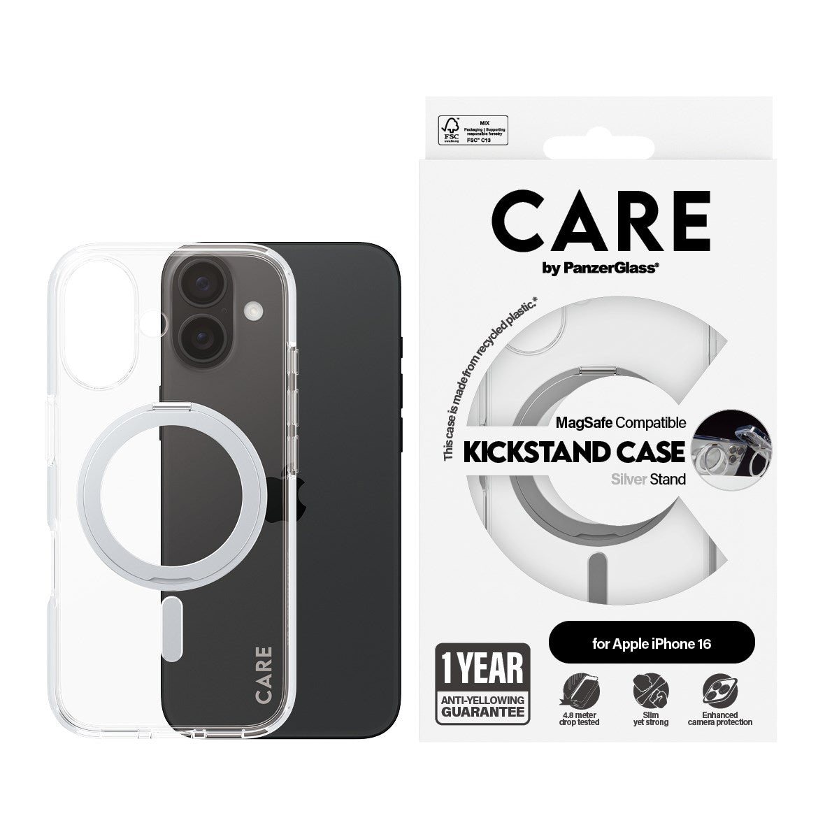 CARE by PanzerGlass® Case Transparent w. Silver Kickstand & MagSafe iPhone 16